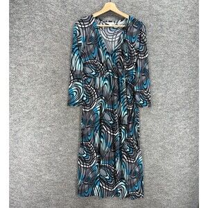 Liz Lange Dress Woemn L Maternity Gray Geometric Maxi Long V-Neck Long Sleeve